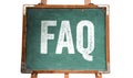 FAQ, acronym for Ã¢â¬ÅFrequently Asked QuestionsÃ¢â¬Â white text written on a green old grungy vintage wooden chalkboard or blackboard